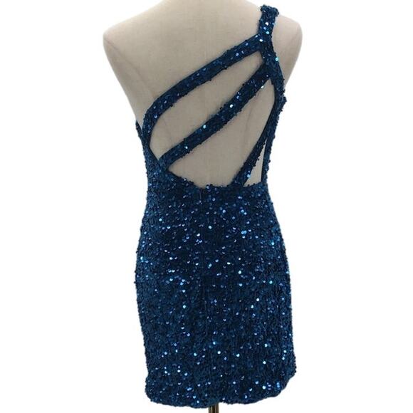PARTY DRESS SZ 0 XS Blue Sequin Sleeveless One-Shoulder Bodycon Mini NEW b146 - Picture 4 of 9